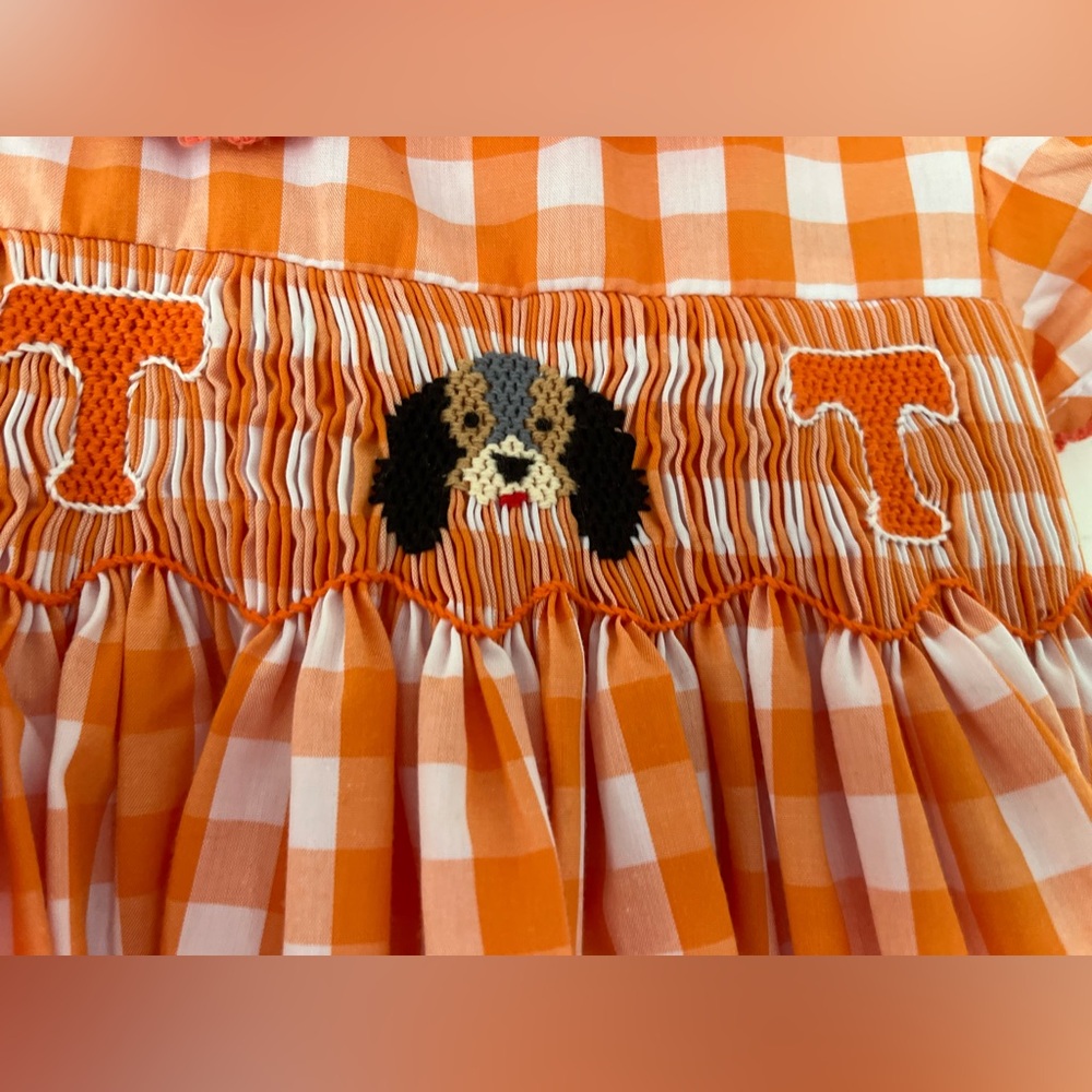 Tennessee VOLS Smocked Orange White Gingham Bow Dress Smokey Dog Sz 12 Months - Picture 8 of 13